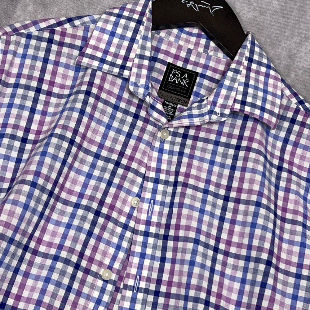 Jos. A. Bank Button Down Shirt Mens Medium Purple Blue Check Traveler Tailored - Picture 1 of 9